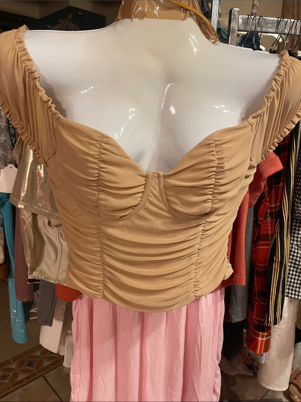 Ruched Tan Off-Shoulder Sweetheart Crop Top